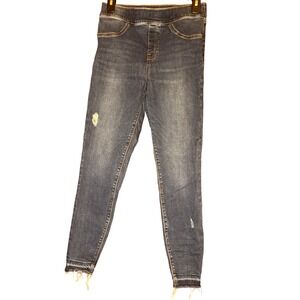 SPANX Womens Blue Denim Jeans Distressed Frayed Hem Pull On Skinny Leg Pants